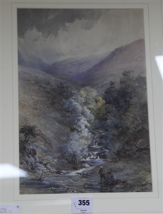 Grace Hastie, pair of watercolours, anglers in a valley and fishing village, 36 x 26cm